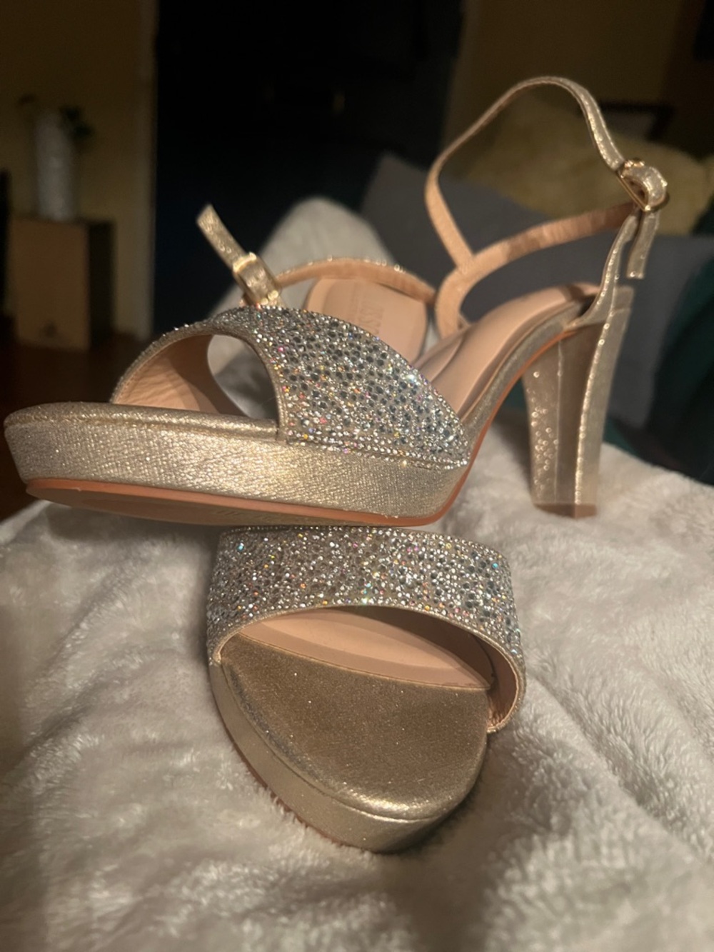 De Blossom Collection Gold Glitter Platform Sandals with Rhinestone Straps